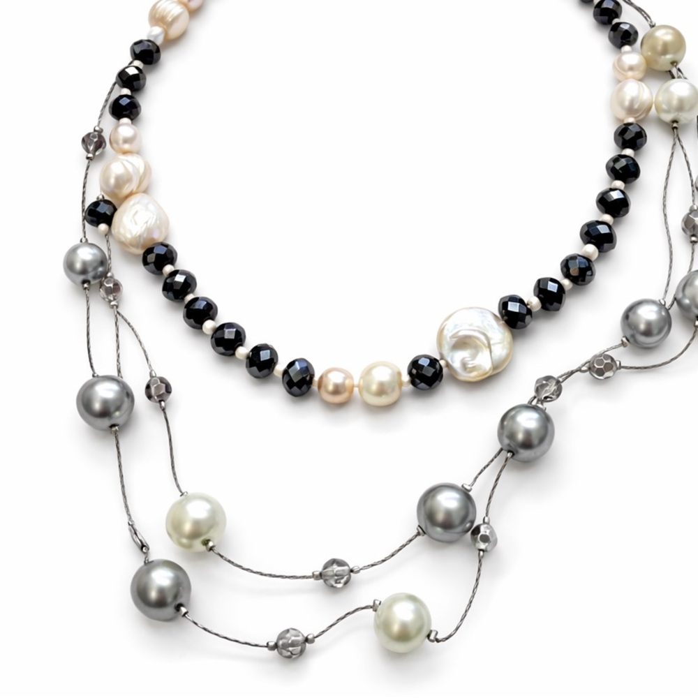 2-Piece Freshwater Pearl & Black Crystal and Layered Silver Pearl Necklaces Set - Picture 4 of 7